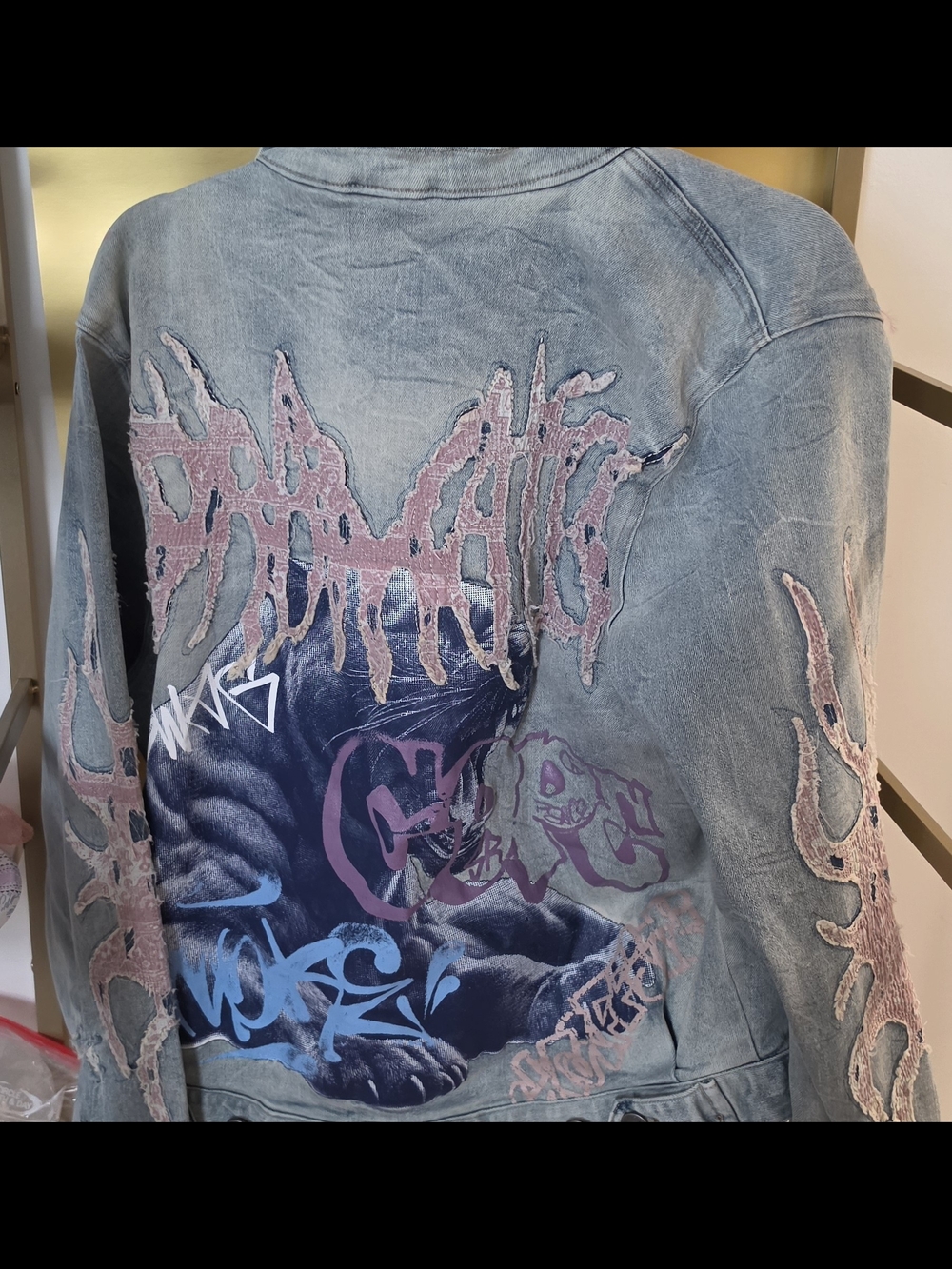 Smoke Rise Graphic Distressed Denim Jacket - Light Blue